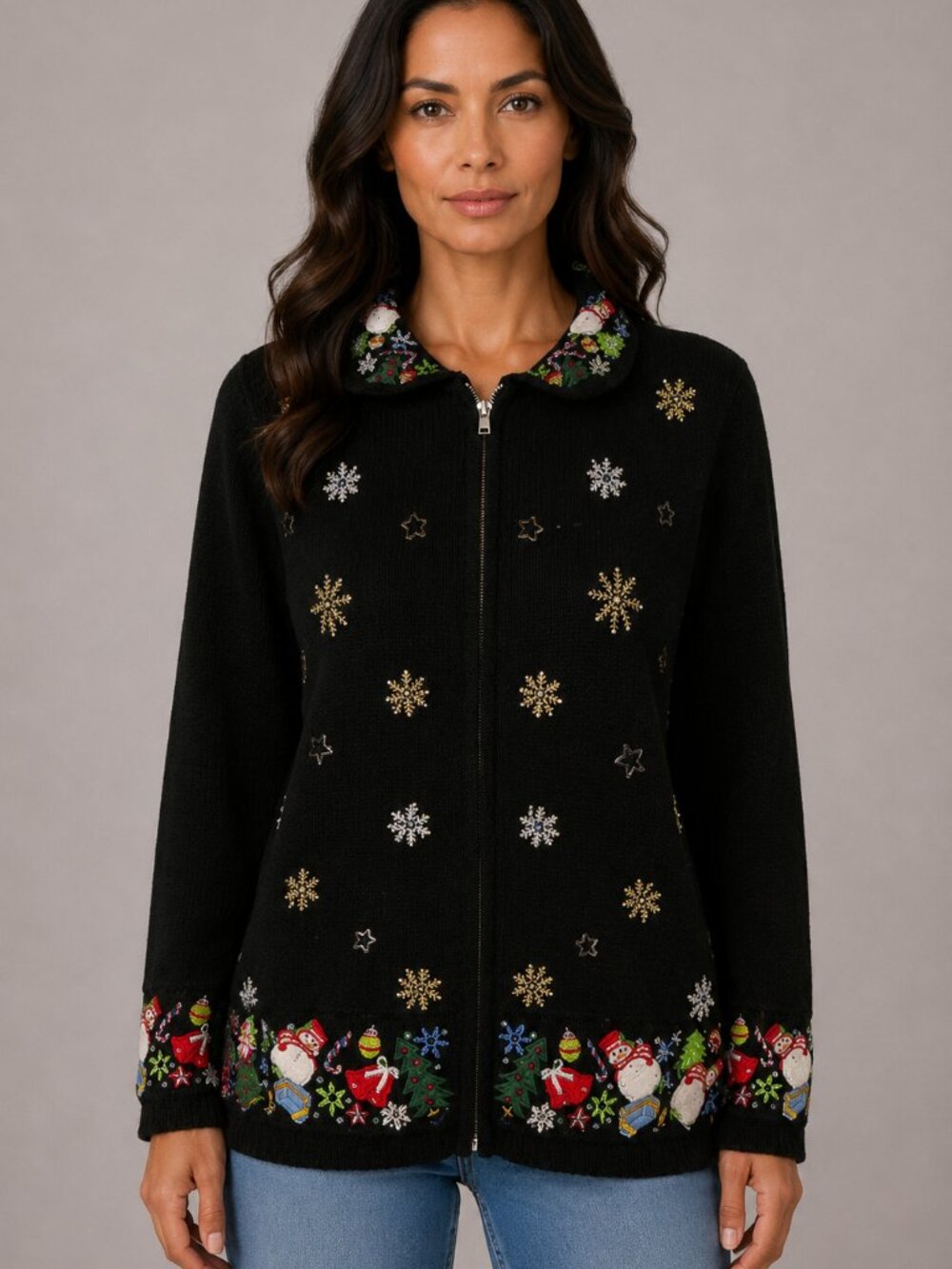 White Stag Christmas Cardigan M Black Embroidered Snowman Holiday Zip Sweater